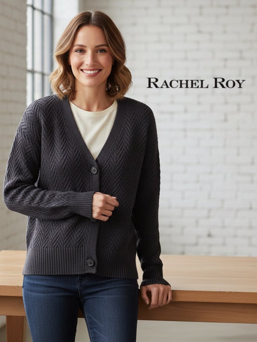 Chevron Knit Cardigan Small Black V Neck Button Front Womens NWT